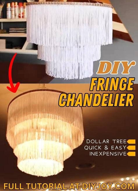 Diy Fringe Lampshade, Diy Fringe Chandelier, Diy Crystal Chandelier, Diy Fringe, Fringe Chandelier, Chandelier Diy, Thrifty Diy, Diy Chandelier, Lampshade Chandelier