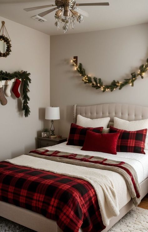 Christmas Room Inspiration, Holiday Bedroom Decor, Holiday Room Decor, Seasonal Room, Holiday Bedroom, Holiday Room, Cozy Christmas Decor, Christmas Decor Inspiration, Christmas Bedding