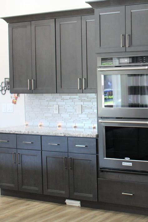 Grey Kitchen Cabinets Light Wood Floors, Kitchens With Dark Gray Cabinets, Kitchen Paint Colors With Dark Wood Cabinets Granite Countertops, Gray Kitchen Cabinets Backsplash Ideas, Grey Cabinets Kitchen, Charcoal Gray Kitchen Cabinets, Dark Gray Cabinets, Modern Kitchen Countertops, Appliances White