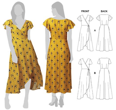 Sewing Pattern: Achieve a fitted wrap bodice with back and bust darts, optional flutter sleeves, and side waist ties for a personalized fit. The curved hem adds a touch of style to this versatile and flattering dress. Download this pattern to create your own chic and customizable wrap dress. #SewingPatterns #DIYFashion #WrapDress Summer Wrap Dress Pattern, Jersey Wrap Dress Pattern, Reversible Wrap Dress Pattern, Tie Waist Dress Pattern, Wrap Dress Pattern Plus Size, Free Wrap Dress Sewing Pattern, Woven Dress Pattern, Sewing Pattern Wrap Dress, Easy Wrap Dress Pattern Free