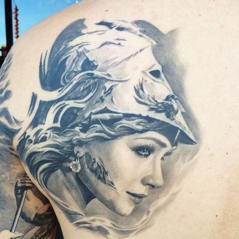 Tattoo of Athena. Torres Tattoo, Calf Sleeve Tattoo, Latin Tattoo, Athena Tattoo, Greek Tattoo, Shoulder Blade Tattoo, Greek Mythology Tattoos, Temple Decor, Greek Statues