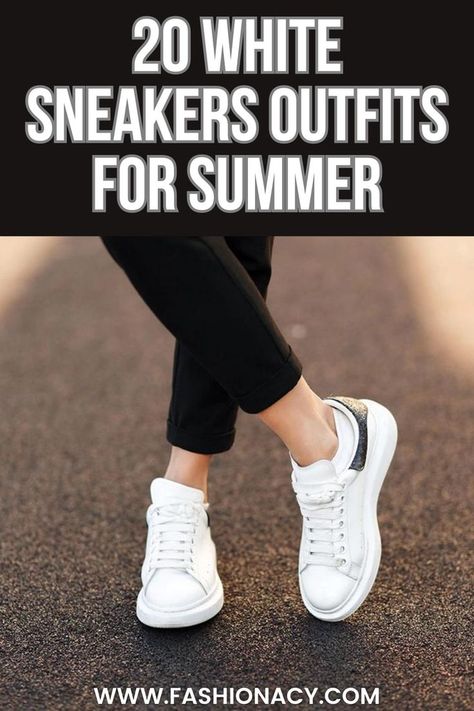 White Sneakers Outfit For Summer, Women Sneakers With Shorts Women, White Sneaker Summer Outfit, White Gym Shoes Outfits, Summer Outfits White Sneakers, What To Wear With White Sneakers, Black Pants White Sneakers Outfit, Outfits With White Tennis Shoes, White Runners Outfit, Casual Summer Outfits With Sneakers