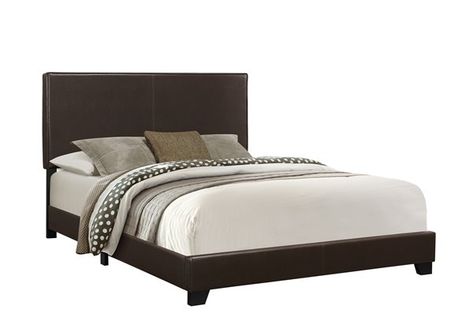 Add an elegant touch to your bedroom with this contemporary bed frame. This product features a faux leather style fabric and nailhead trim. A standard box spring is required. Mattress and box spring not included. All parts and hardware for assembly are conveniently located inside the headboard.Modern contemporary stylingUpholstered headboard, side and end rail in a sophisticated cappuccino leather-look materialSleek solid wood feetFits standard queen size mattress and box spring (Not included)Al Platform Bedroom, Headboard Shapes, Bedroom Frames, Brown Bed, Queen Upholstered Bed, Bed Queen, Leather Headboard, Queen Size Bed Frames, Queen Mattress Size