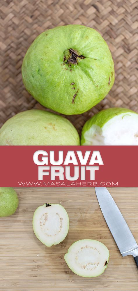 The Guava Fruit is a tropical exotic fruit. Many varieties exist and they are all wonderful. Choose a white or pink guava, a round or pear-shaped variety. I share everything you need to know about Guava fruits. www.MasalaHerb.com How To Eat Guava Fruit, White Guava Recipes, Fruit Types, Guava Recipes, Indian Beef Recipes, Guava Jam, Pineapple Guava, Vegan Tips, Strawberry Guava