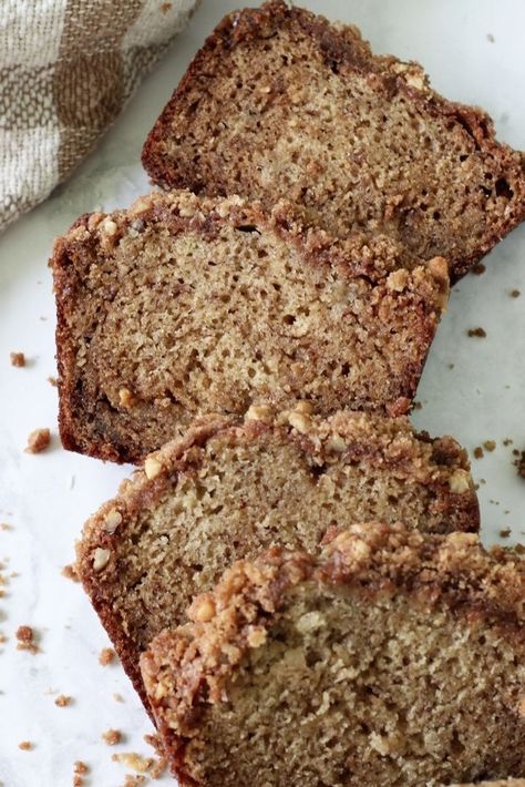 Savor the flavors of this Homemade Sourdough Banana Bread with Cinnamon Streusel. This moist, soft bread is packed with ripe bananas and brown sugar, topped with a nutty, buttery streusel made from cinnamon and walnuts. A simple, from-scratch recipe that's simply irresistible! Sourdough Discard Banana Bread, Discard Banana Bread, Banana Bread With Cinnamon, Sourdough Discard Banana, Sourdough Dessert, Sourdough Banana Bread, Sourdough Banana, Cinnamon Banana Bread, Easy Bar Recipes