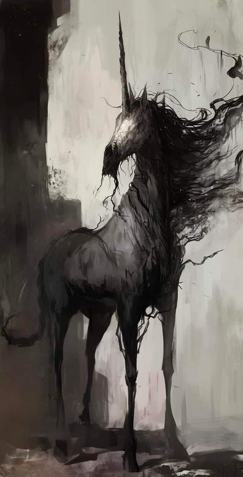 Horror Horse Art, Dnd Creepy Monster, Creepy Horse Drawing, Fantasy Creatures Art Dark, Unicorn Aesthetic Dark, Creepy Creatures Drawing, Scary Mythical Creatures, Demon Unicorn, Horror Unicorn