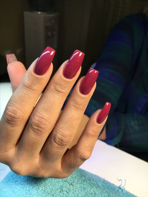 Acrylic Nails Full Color, Dark Pink Square Nails, Plain One Colour Acrylic Nails, Dark Pink Acrylics, Magenta Gel Nails, One Colour Nails Simple, Raspberry Red Nails, Dark Magenta Nails, Rosy Pink Nails