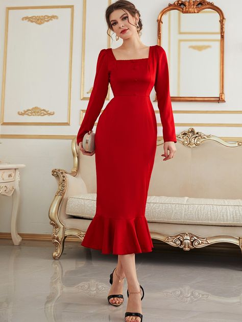 Red Elegant  Long Sleeve Polyester Plain Fitted Embellished Non-Stretch Spring/Fall Women Dresses Stretch Dresses Classy, Christmas Dress Women Classy Formal, Christmas Frocks For Women, Christmas Dress Ideas For Women, Red Modest Dress, Red Christmas Dress Women, Elegant Western Outfits, Modest Red Dress, Red Dress Christmas Outfit