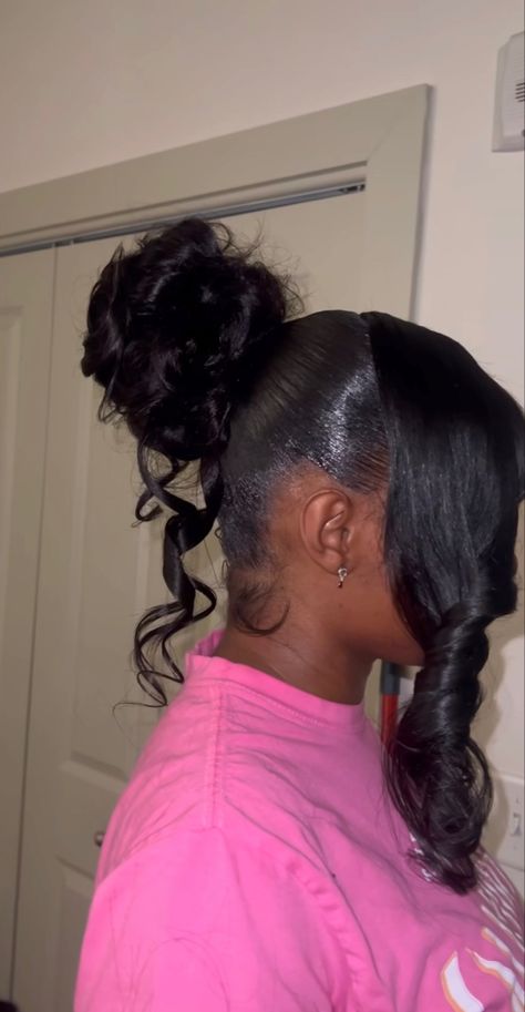 Silk Press High Ponytail, Bang With Ponytail Black Women, Ponytail With Curly Bang, Messy Bun With Side Bang, Barbie Ponytail With Bangs, Curly Ponytail With Bangs, Weave Ponytails With Bangs, Birthday Hairstyle, Long Hair Do