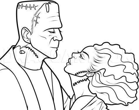 How To Draw Frankenstein And His Bride, Step by Step, Drawing Guide, by Dawn | dragoart.com Frankenstein And Bride Painting, Frankenstein Painting Easy, Frankenstein Outline, Frankenstein And Bride Art, Frankenstein Coloring Pages, Draw Frankenstein, Bride Of Frankenstein Tattoo, Frankenstein And His Bride, Groom Clipart