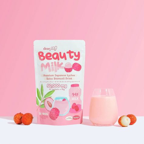 The most advanced anti-aging and anti-pimple technology! Say hello to our Lychee Milk Stemcell Boost Drink!  A repair and rejuvenation drink in one! Made with Bio Swiss Apple and Pure Grapes Stemcell in combination with Pure Bio Swiss Marine Collagen. How to use: In a glass of cold or hot water, mix 1 sachet of Beauty Dear Face Beauty Milk, Health Benefits Of Collagen, Dear Face, Boost Drink, Strawberry Drinks, Collagen Drink, Collagen Benefits, Japon Illustration, Face Beauty