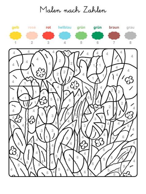 Ausmalbild Malen nach Zahlen: Tulpenwiese ausmalen kostenlos ausdrucken Color By Number Printable, Math Coloring, Alphabet Coloring Pages, Color By Numbers, Alphabet Coloring, Color By Number, Color Worksheets, Mandala Coloring Pages, Art Activities