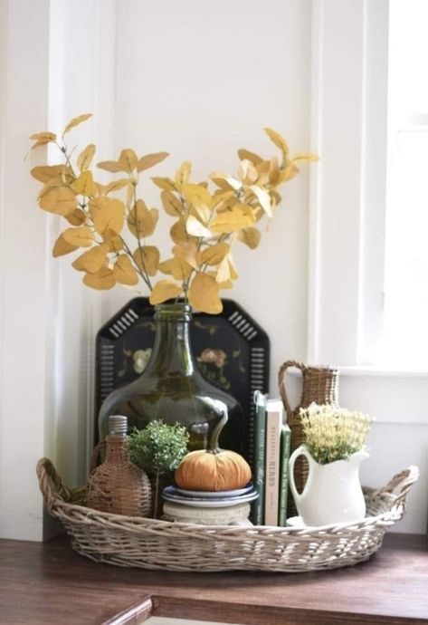 Round Foyer, Round Foyer Table, Decorate With Baskets, Fall Tray, Yellow Brick Home, Slate Hearth, Faux Branches, Southern Traditional, Old Baskets