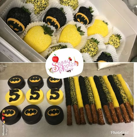 Batman Pretzel Rods, Batman Cakesicles, Batman Dessert Table, Batman Snacks For Party, Batman First Birthday Party, Batman Chocolate Covered Strawberries, Batman Strawberries, Batman Desserts, Batman Cakepops