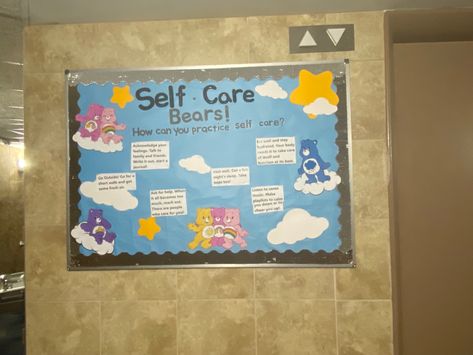 Self Care Bear Bulletin Board, Care Bear Bulletin Board, Inspirational Bulletin Boards, College Bulletin Boards, Ra Themes, Work Bulletin Boards, Ra Bulletins, Ra Boards, After School Care