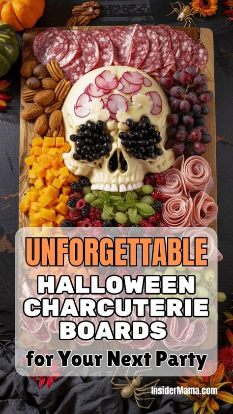 Hosting a Halloween party? These Halloween charcuterie boards are unforgettable and a must-try. Filled with a variety of cheeses, meats, fruits, and festive treats, they're sure to impress your guests. Create a witch's hat with cheddar and salami, or add spooky decorations like mini pumpkins and plastic spiders. Perfect for adding a festive touch to your celebration. Easy to make and fun to eat, these boards will be the highlight of your Halloween. Try making your own Halloween charcuterie board Cemetery Charcuterie Board, Halloween Skull Charcuterie Board, Skeleton Meat And Cheese Tray, Halloween Meat And Cheese Board, Fruit Halloween Charcuterie Board, Charcuterie Board Themes Halloween, Sugar Skull Charcuterie Board, Cauldron Charcuterie, Halloween Chacutery