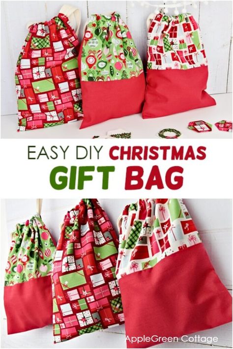 See how to make a diy gift bag - in minutes! These will become your favorite Christmas gift bags. This easy Christmas gift pouch can be used for all your handmade Christmas gifts, and they are so quick to sew! Check it out now! #freepattern #christmasspattern #diygiftbag #diyholidays #diydrawstringbag Diy Drawstring Gift Bag, Diy Gift Bag, Sewing Christmas Gifts, Sewing Christmas, Patchwork Diy, Sewing Patchwork, Easy Diy Christmas Gifts, Christmas Sewing Projects, Gift Bags Diy