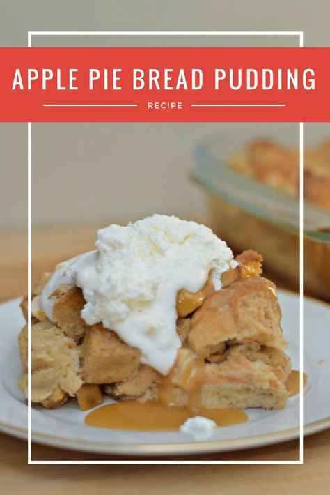 Apple pie bread pudding recipe. Delicious and easy make ahead dessert. Serve leftovers for breakfast! Apple Pie Bread Pudding Easy, Bread Pudding With Apples Recipe, Leftover Apple Pie, Apple Pie Bread Pudding Recipe, Carmel Apple Bread Pudding Recipe, Apple Pie Bread Pudding, Bread Pudding Recipe Easy, Apple Pie Bread, Apple Treats