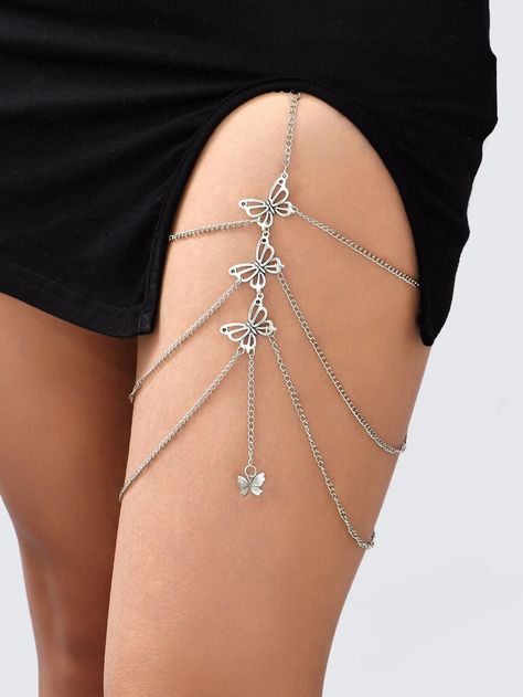 Silver  Collar  Zinc Alloy   Embellished   Women's Fashion Jewelry Thigh Assesories, Silver Thigh Chain, Thigh Jewelry With Dress, Diy Thigh Chain Jewelry, Thigh Chain Diy, Thigh Jewelry Chains, Body Chains Jewelry, Leg Jewelry Body Chains, Thigh Chain Outfit