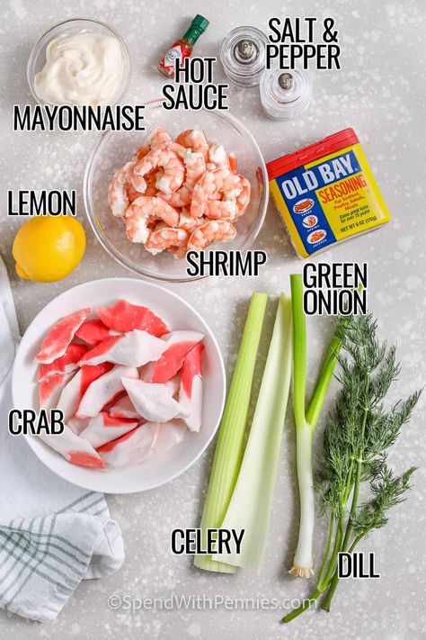 This refreshing and delicious seafood salad recipe is light, zesty, and perfect for summer events! Shrimp, crab, and crunchy celery are tossed in a creamy dressing with Old Bay, lemon juice, and a dash of hot sauce. It's incredibly versatile too. Add some pasta or other ingredients to mix it up. You'll always have new ways to enjoy this simple salad. #spendwithpennies Easy Seafood Salad, Best Seafood Salad Recipe, Seafood Salad Sandwich, Crab Dressing Recipe, Seafood Salad Recipe With Crab Shrimp, Imation Crab Salad Recipes, Seafood Salad Recipe With Crab, Imitatation Crab Salad Recipe, Crab Salad Recipe Easy