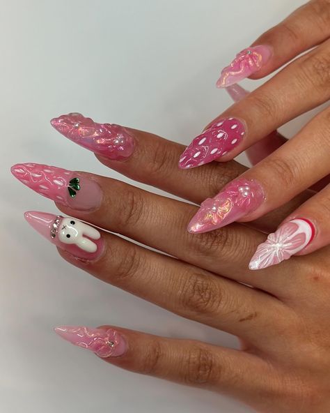 strawberry x miffy 💕💕 to match my clients new pink hair hehe! #bownails #charmnails #miffynails #3dnails #strawberrynails #almondnails #slcnails #utahcountynails #oremnails #nailedbyyans #pinknails #koreannails #nailart #fruitynails #miffy #coquette #coquettenails #utah #utahnailartist #utahnailtech #nailtech Miffy Coquette, Pink Strawberry Nails, Strawberry Nail, Strawberry Nails, Berry Nails, Nail Tutorial Videos, Korean Nails, Pink Strawberry, Pink Summer