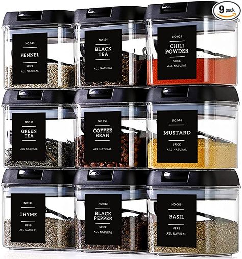 9 Pcs Large Plastic Tea Storage Containers with 148 Spice Labels and 9 Spoons - Square Airtight Spice Containers Set with black Lids for Kitchen Pantry Herbs,Coffee,Seasoning Organization Plastic Spice Containers, Storage Jars For Pantry, Nuts Storage Containers, Black Spice Cabinet, Pantry Cricut Labels, Storage Jar Labels, What To Put In Pantry Storage Containers, Oxo Spice Containers, Cricut Pantry Labels Farmhouse