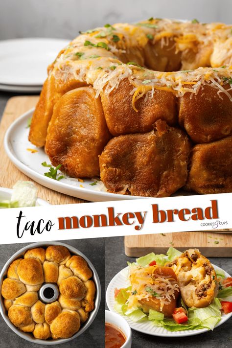 Taco monkey bread is an easy game day appetizer made from fluffy pull-apart bread bites filled with seasoned ground beef and melty cheese. Taco Beef, Pizza Monkey Bread, Bread Bites, Canned Biscuit, Easy Monkey Bread, Cookies And Cups, Cinnamon Roll Bread, Slow Cooker Bread, Bread Cookies