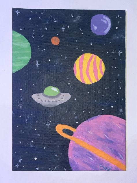 Planet Canvas Painting Easy, Simple Space Painting Ideas, Space Art Simple, Space Art Easy, Ufo Painting Easy, Space Drawings Easy, Canvas Painting Space, Space Painting Easy, Planet Painting