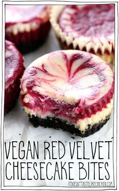 Vegan Red Velvet Cheesecake Bites! Swirls of lemon and red velvet cheesecake with a chocolate crumb crust. Easy to make, and no weird ingredients! Perfect for Valentine's day or a special occasion. Dairy free. #itdoesnttastelikechicken #veganrecipes #vegandesserts #valentinesday #dairyfree Red Velvet Cheesecake Bites, Vegan Red Velvet, Crumb Crust, Cheesecake Vegan, Chocolate Crumbs, Velvet Cheesecake, Bean Tacos, Red Velvet Cheesecake, Cheesecake Chocolate