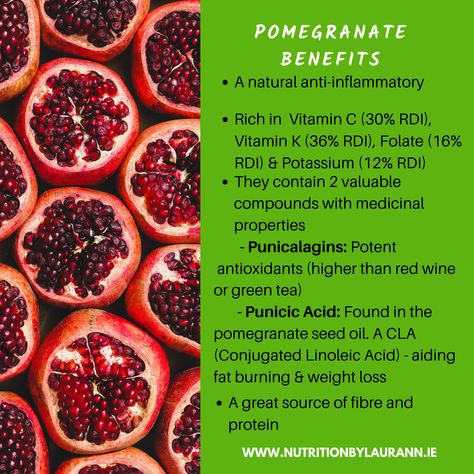 Not only are pomegranates beautiful but they're a natural anti-inflammatory, loaded with vitamins, minerals and have medicinal properties being potent anti-oxidants, playing a role in weight loss and a great source of fibre Pomegranate Nutrition Facts, Pomegranate Food, Pomegranate Benefits, Anti Oxidants, Pomegranate Seed Oil, Sources Of Fiber, Healing Food, Vitamin K, Food Facts