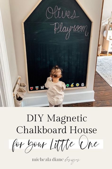 Chalkboard House Wall, Chalkboard Playroom Ideas, Gray Playroom Ideas, Diy House Chalkboard, Cricut Playroom Ideas, Playroom Photo Wall, House Shaped Chalkboard, House On Wall Playroom, Chalk Wall Playroom