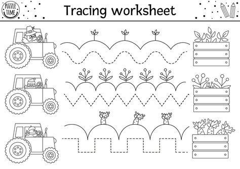 Tractor Worksheets Preschool, Harvest Worksheets Preschool, Farmer Worksheet Preschool, Planting Preschool Activities, Farm Harvest, Farm Theme Preschool, Activity For Preschool, Printable Black And White, Handwriting Practice Worksheets