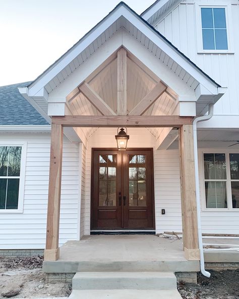 Gable Roof Porch, Porch Gable, Gable Window, Mountain Home Exterior, Modern Exterior Doors, Fiberglass Entry Doors, House Front Porch, Ranch Remodel, Farmhouse Entryway