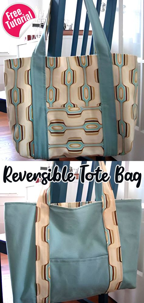 Tutorial: Reversible Tote Bag Jeans Bag Diy, Diy Jean Bag, Shopping Bag Pattern, Pretty Tote Bags, Tote Tutorial, Diy Tote, Reversible Tote Bag, Diy Bag Designs, Bag Designs