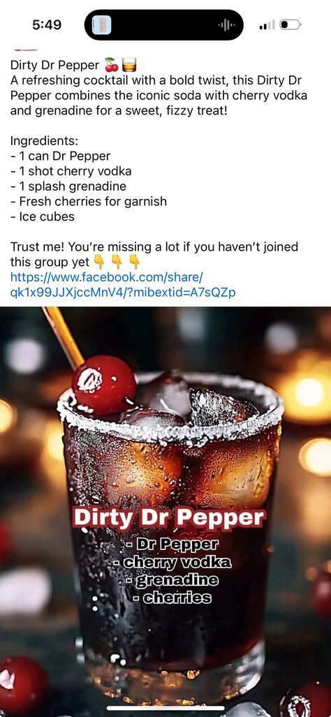 Dirty Dr Pepper, Hard Drinks, Rum Drinks Recipes, Cherry Vodka, Vodka Cocktails Recipes, Vodka Recipes, Popular Drinks, Fruity Cocktails, Party Punch