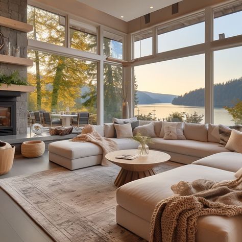 All Window Wall Living Room, Living Room Designs Spacious, House Interior Big Windows, Cute Big Living Room, Living Room Designs Large Windows, Modern Lakeside House, Living Room With Big Window Layout, Pool View From Living Room, Luxury Lake House Interior