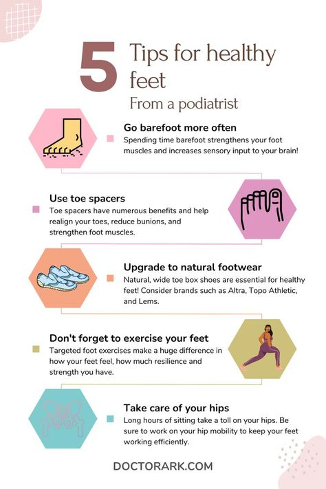 5 tips for healthy feet from a podiatrist! Visit my website to learn more. #healthyfeet #naturalhealthremedies #naturalhealthtips #wellness #barefoot #barefootshoes #typesoffootpain #footdoctor #footpainexercises #footpainremedy #painfulfeetcauses Foot Exercises, Hand And Foot Care, Healthy Life Hacks, Natural Healing Remedies, Cleanse Your Body, Natural Health Tips, Hip Pain, Teeth Care, Detox Your Body