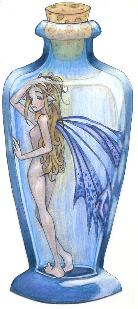 Fairy in a bottle Person In Bottle Drawing, Fairy In A Bottle Tattoo, Fairy In A Jar Drawing, Fairy In A Bottle Drawing, Fairy Sketch Pencil, Mermaid In A Bottle, Fairy In A Bottle, Fairy Sketch, Whimsical Art Paintings