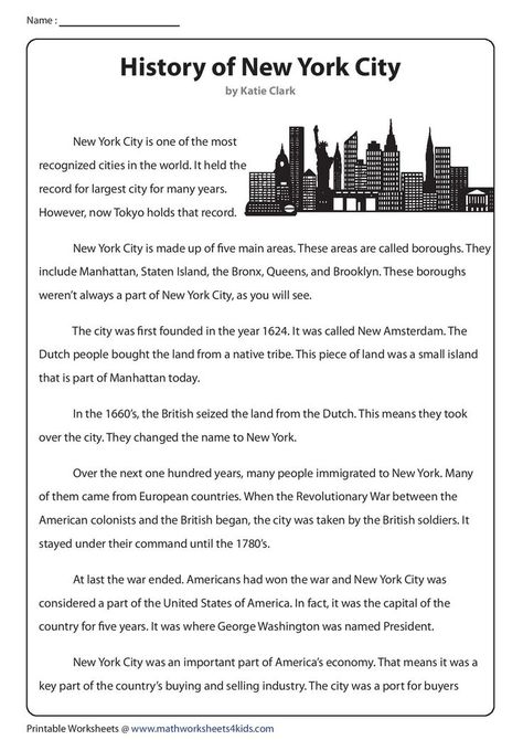 Steeped in history, New York is a key player in the economic and cultural arenas of America. This grade 5 comprehension worksheet contains questions on domain-specific words and degrees... Download the PDF file and try the interactive worksheet at the link above! #readingactivities #worksheet #worksheetsforkids #readingpassages #englishlearning #kindergartenreading 7th Grade Worksheets Free Printable, Lesson English, New York History, Degrees Of Comparison, Advance English, 6th Grade Worksheets, History Worksheets, New York City Vacation, New York School