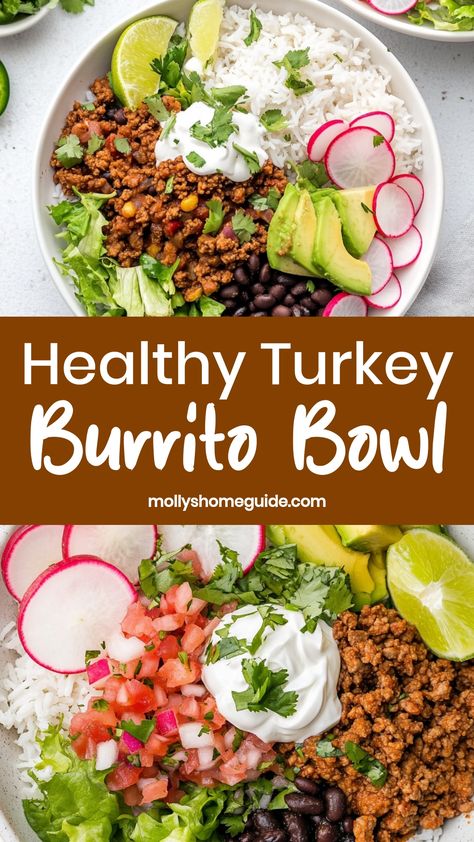 Indulge in the flavors of a delicious turkey burrito bowl with this easy-to-make recipe. Packed with lean protein, fresh vegetables, and flavorful spices, this dish is perfect for a quick and nutritious meal any time of the day. Customize your bowl with your favorite add-ons like avocado, salsa, or cheese for an extra kick of flavor. Ground Turkey Bowls Healthy, Turkey Dinner Recipes Thanksgiving, Ground Turkey Bowl Recipes, Turkey Burrito Recipe, Turkey Burrito Bowl, Turkey Taco Bowl, Turkey Bowl, Burrito Bowls Recipe, Protein Bowls