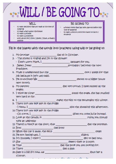 Environment interactive worksheet for 5TH6TH. You can do the exercises online or download the worksheet as pdf. Will Vs Be Going To Worksheet, Will Or Going To Worksheet, Will Vs Going To Worksheets, English Grammar Notes, Alphabet Crafts Preschool, English Adjectives, English Teaching Materials, Grammar Exercises, English Exercises