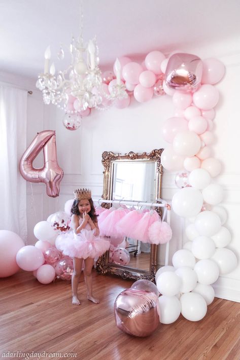 Ballerina birthday party and DIY ballet bar. | Bella's Ballerina and unicorn 4th birthday party. It's filled with so many DIY's including a ballet bar and tulle pom poms, matte balloon garland. A Darling Daydream Ballerina Unicorn Birthday Party, Ballerina Balloon Decoration, Ballet 4th Birthday Party, Ballet Birthday Party Decorations, Ballet First Birthday Party, Ballerina Balloon Garland, 4 Birthday Party Girl, Ballerina Garland, 4th Birthday Party For Girls Theme