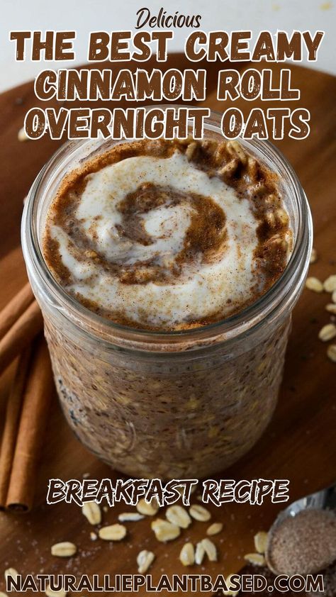 Craving the warm, comforting flavors of a cinnamon roll but want a breakfast that's healthy and easy? Look no further than these Creamy Cinnamon Roll Overnight Oats!  This recipe takes all the deliciousness of a classic cinnamon roll and transforms it into a nutritious breakfast option that's perfect for busy mornings.  These overnight oats are ready to grab and go,  packed with flavor and  good-for-you ingredients to keep you energized all morning long. Rolled Oats Dessert, Overnight Oats Tiramisu Recipe, Cinnamon Roll Overnight Oats No Yogurt, Cinnamon Roll Overnight Oats Healthy, Cinnamon Rolls Overnight Oats, Healthy Cinnamon Roll Baked Oats, Cinnamon Oats, Banana Split Overnight Oats, Cinnamon Roll Oats