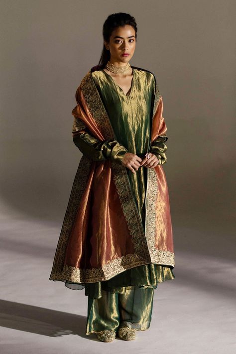 Shop for these amazing collections of Green Tissue Silk Woven V Neck Laurel Flared Kurta Pant Set For Women by Mimamsaa online at Aza Fashions. Pakistani Tissue Suits, Laam Fashion 2023, Silk Tissue Suits, Tissue Silk Dupatta, Tissue Silk Suit Design, Tissue Salwar Suits, Tissue Silk Suit, Tissue Suits Design, Tissue Suit