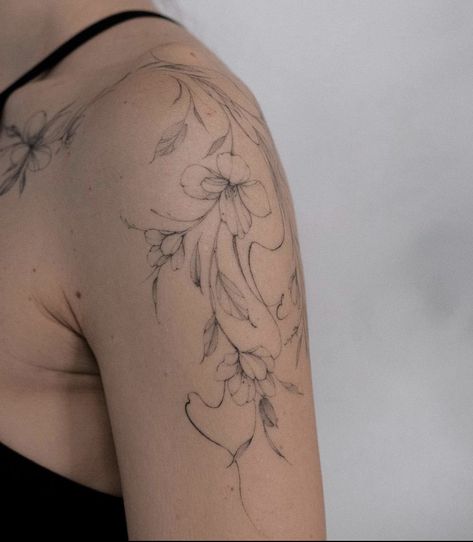 Shoulder Arm Tattoos For Women Unique, Earthy Shoulder Tattoo, Healed Fineline Tattoo, Flowy Shoulder Tattoo, Ethereal Flower Tattoo, Whimsical Shoulder Tattoo, Elegant Shoulder Tattoo, Flowy Botanical Tattoo, Phenix Tattoo For Women Arm