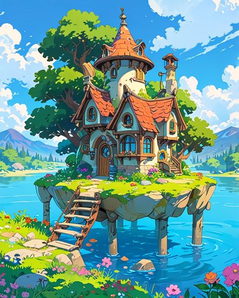 "Magical and Tranquil house" #aiart #animeillustration #illustrationart #illustration #illustrator #art #design #drawing #painting #artwork #generativeartworks #house #lake #landscape Fantasy House Design Art, Fantasy House Illustration, Tiny House Illustration, Fantasy House Drawing, Cute House Illustration, Fantasy House Art, Tranquil House, Tiny Glade, Village Drawing