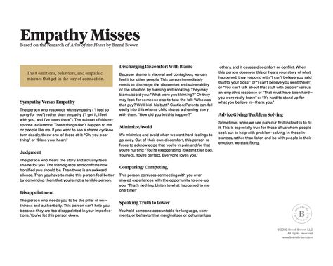 Eight empathic misses that get in the way of connection. Atlas Of The Heart Brene Brown, Shame Worksheet, Brene Brown Shame, Berne Brown, Brene Brown Vulnerability, Atlas Of The Heart, Values Worksheet, Brown Quotes, Brené Brown