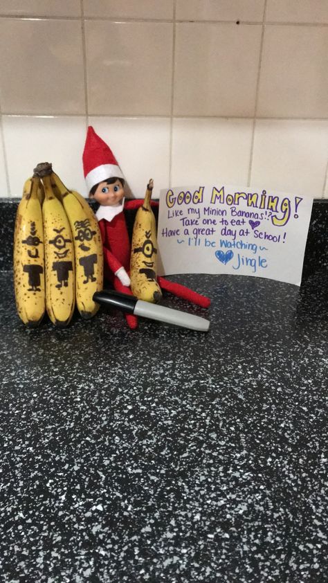 Elf on the shelf idea! Minion bananas! Banana Elf On The Shelf Ideas, Elf Drawing On Bananas, Elf Bananas, Elf On The Shelf Bananas, Elf And Bananas, Minion Banana Elf On The Shelf, Elf Font, Elf On The Shelf Butter Sculpture, Elf Names