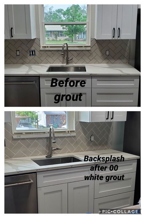 Tile Backsplash Herringbone, Herringbone Tile Kitchen, Grey Herringbone Tile, Grey Subway Tile Backsplash, Grey Subway Tile, Backsplash Herringbone, Gray Subway Tile Backsplash, White Grout, Grey Subway Tiles