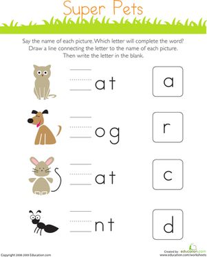 All of these potential pets are missing something: the first letter of their names! Kids choose the correct letter and write it on the lines provided to complete the animal names. This kindergarten reading worksheet offers practice identifying beginning sounds and writing lowercase letters. #educationdotcom Pets Worksheet, Letter Worksheets For Preschool, Alphabet Worksheets Kindergarten, Kindergarten Reading Worksheets, Free Kindergarten Worksheets, Beginning Sound, English Worksheets For Kids, Phonics Kindergarten, Letter Worksheets